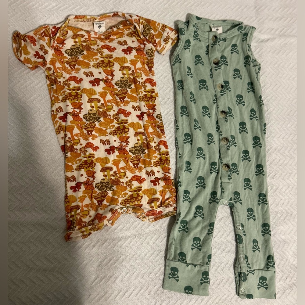 Kate Quinn 2 Romper Bundle Mushroom & Skull Crossbones Size 3-6 Months Baby